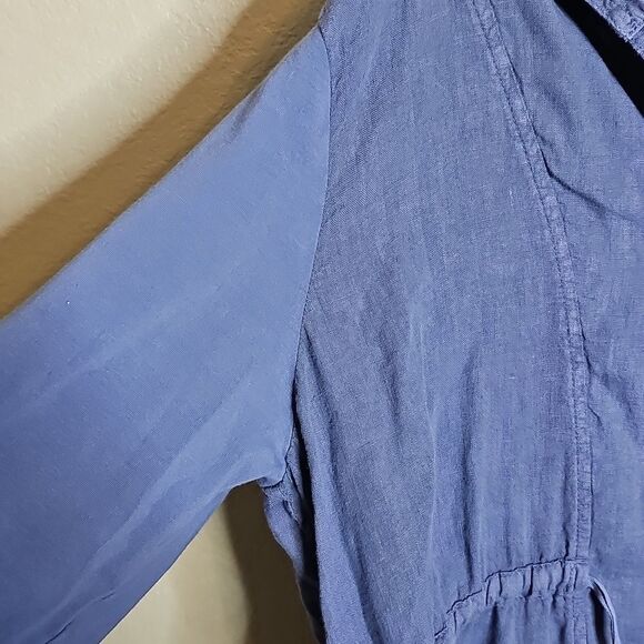 Flax Small Linen Hooded Women's Blue Jacket With Contrast Cotton Knit Sleeves - Picture 5 of 9